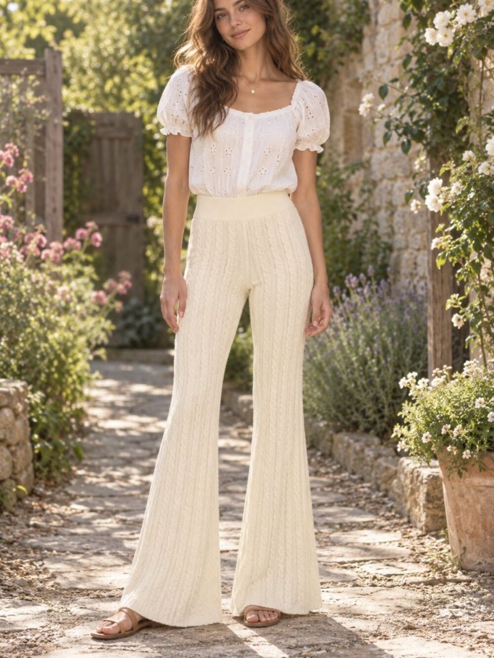 Edikted Ray Cable Knit Pull On Flared Pants XS Cream Cozy Boho Cottagecore